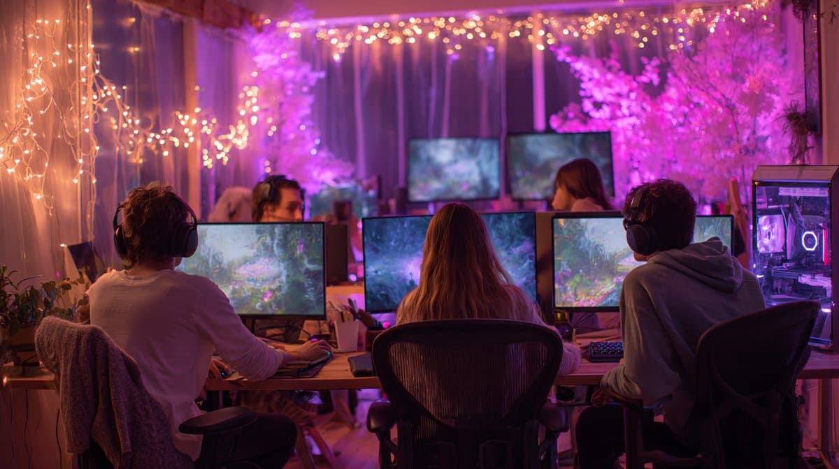 Group of friends gaming together at aesthetic setups with purple ambient lighting