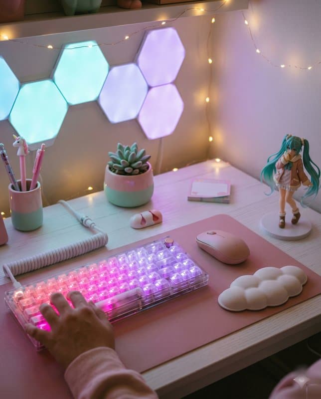 Pastel PBT keycaps on a mechanical keyboard with soft warm lighting
