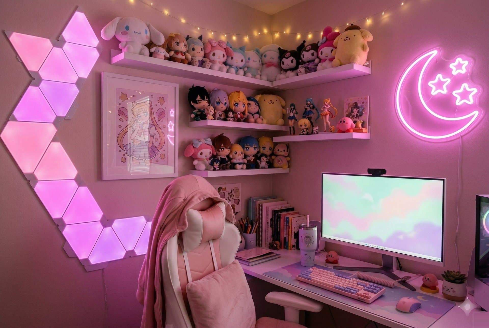 Aesthetic pink gaming setup with RGB keyboard, hex light panels, neon moon sign, and anime figures