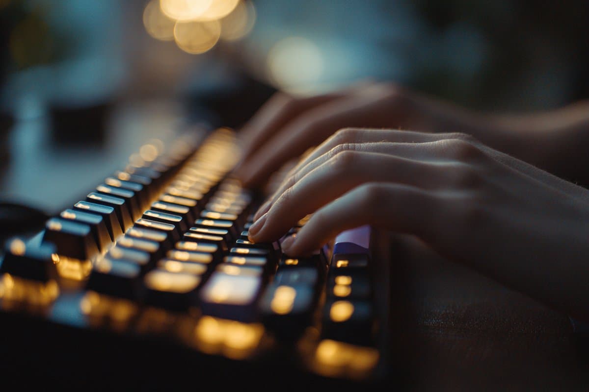 Atmospheric close-up of hands typing on a mechanical keyboard with warm golden bokeh